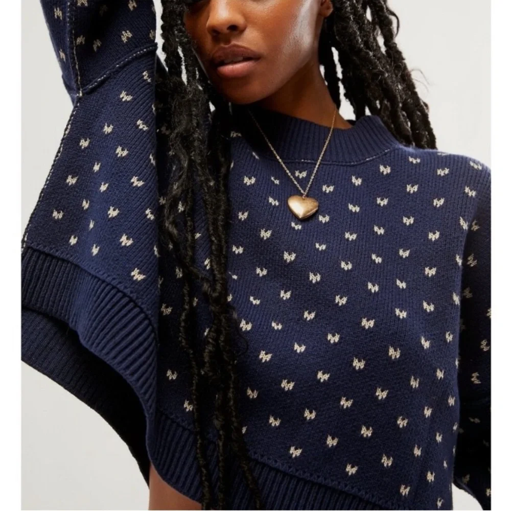 NWT Free People Easy Street Patterned Crop Pullover‎ Blue and White Sweater